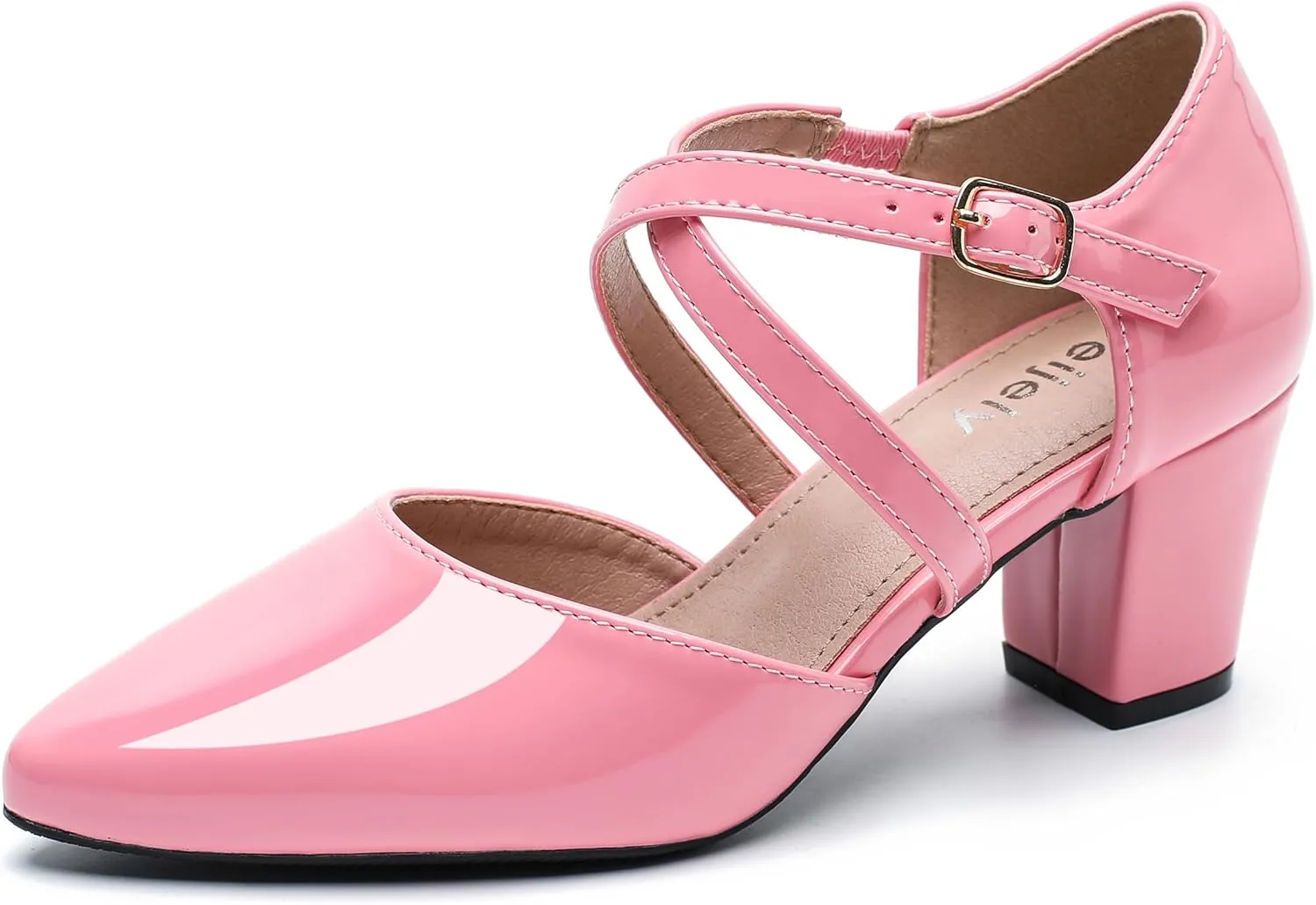 Women's Chunky Heel Pumps Cross Strap Closed Pointed Toe Dress Shoes