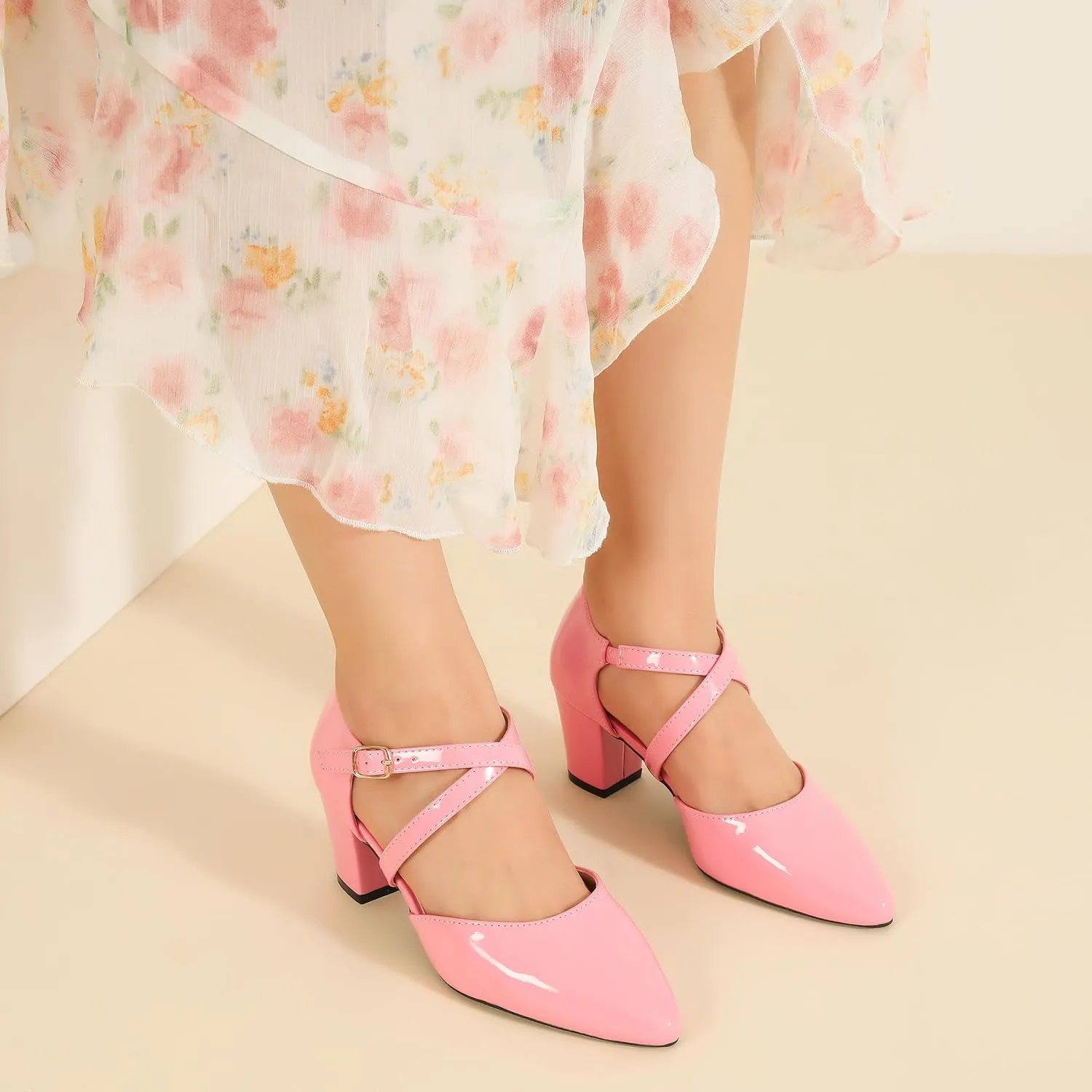 Women's Chunky Heel Pumps Cross Strap Closed Pointed Toe Dress Shoes