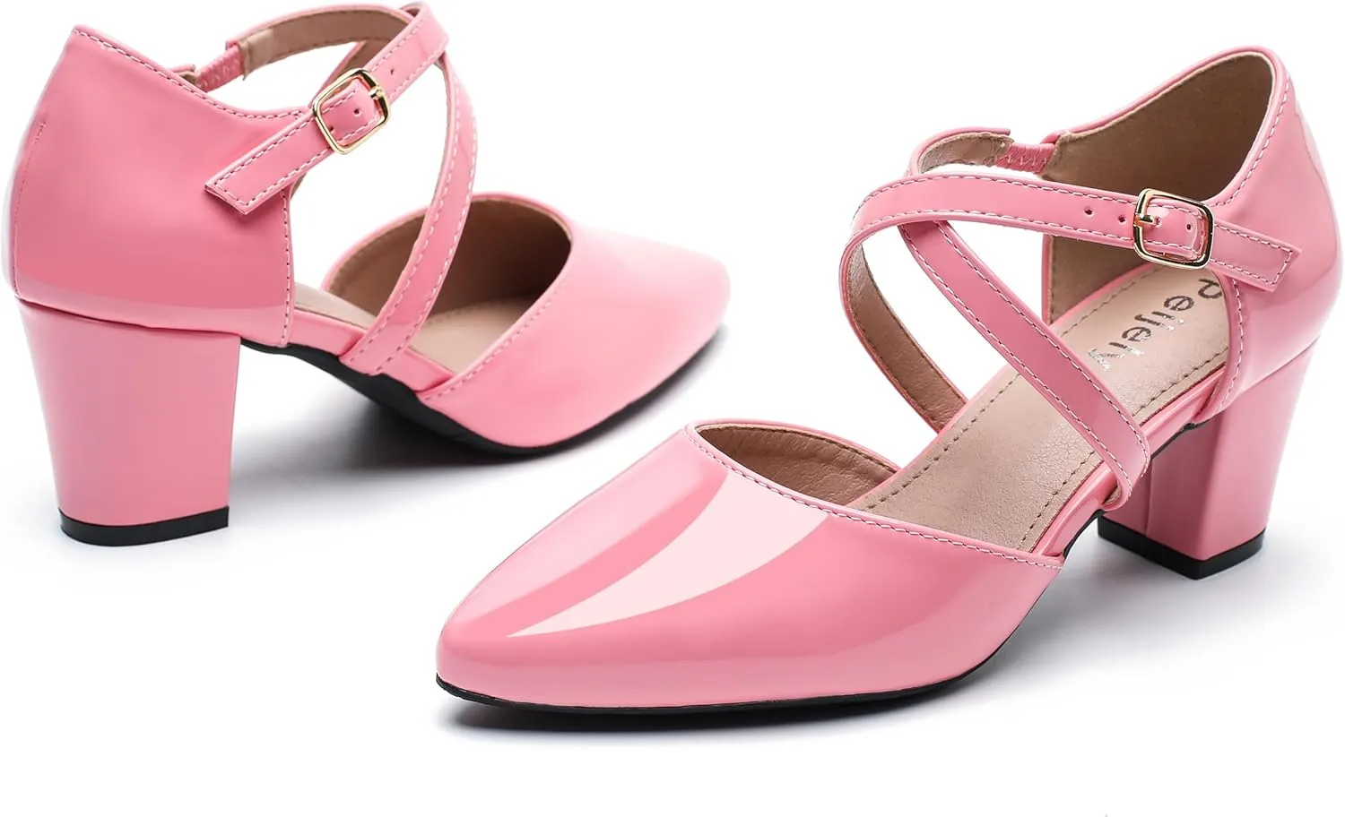 Women's Chunky Heel Pumps Cross Strap Closed Pointed Toe Dress Shoes