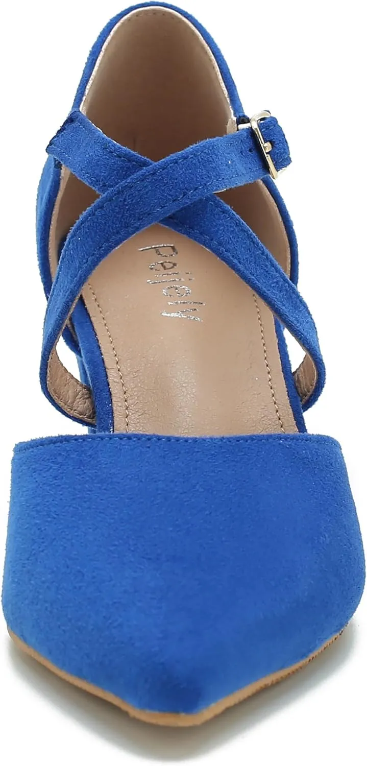 Women's Chunky Heel Pumps Cross Strap Closed Pointed Toe Dress Shoes