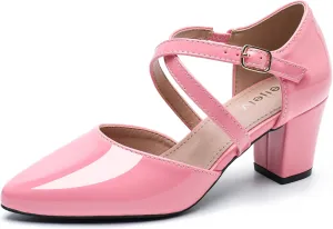 Women's Chunky Heel Pumps Cross Strap Closed Pointed Toe Dress Shoes
