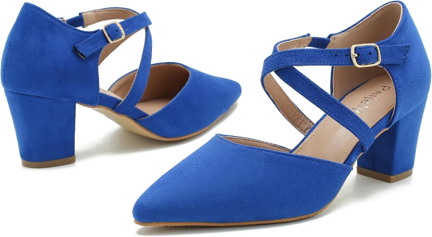 Women's Chunky Heel Pumps Cross Strap Closed Pointed Toe Dress Shoes