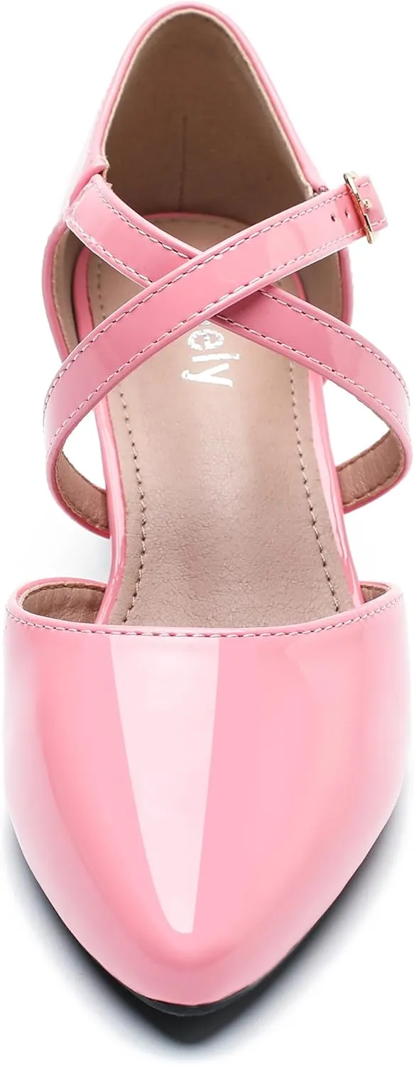 Women's Chunky Heel Pumps Cross Strap Closed Pointed Toe Dress Shoes