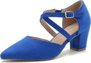Women's Chunky Heel Pumps Cross Strap Closed Pointed Toe Dress Shoes