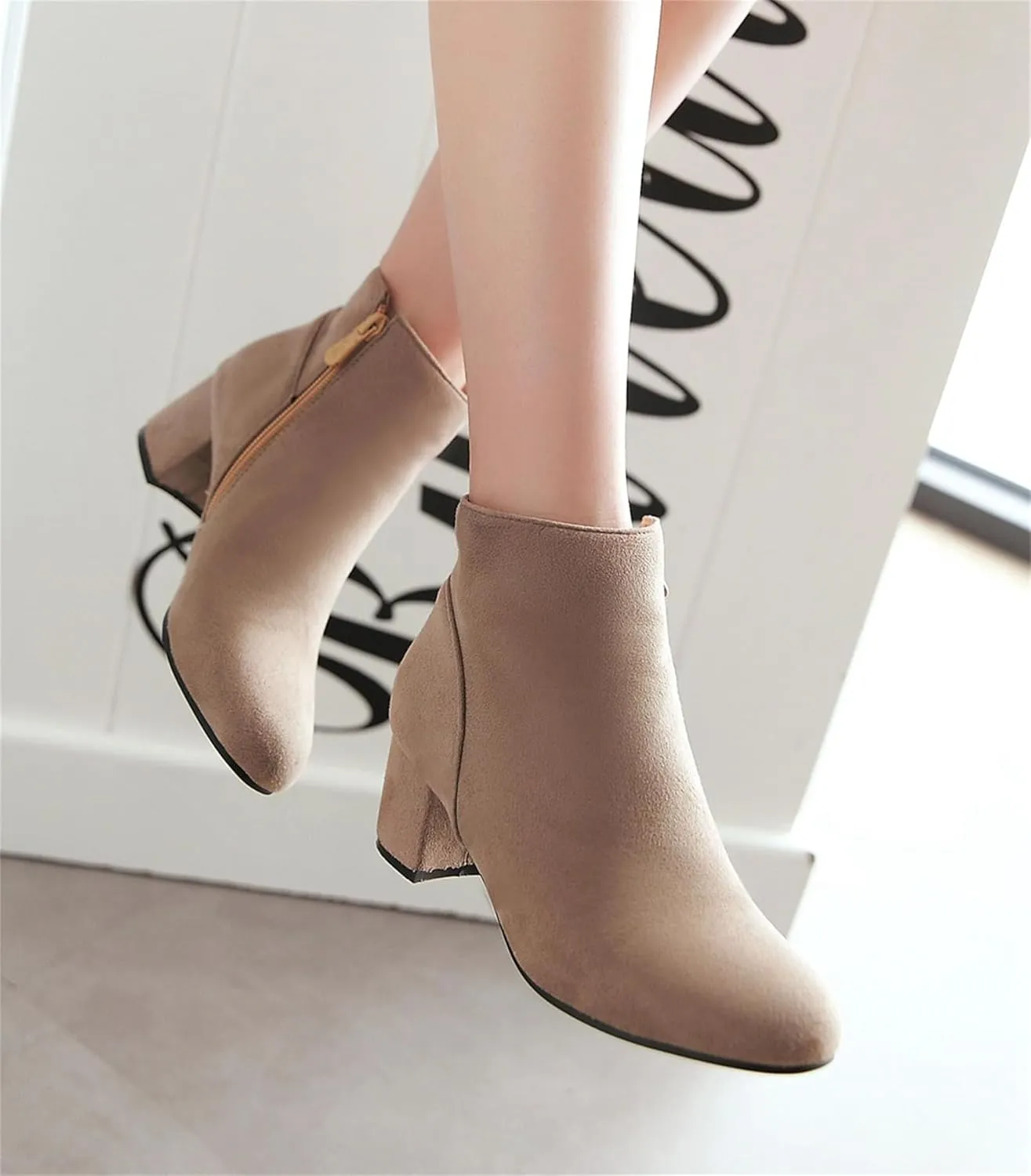 Women's Closed Round Toed Ankle Boots Round Toe Chunky Party Club Zipper Solid Shoes Cosplay Formal Occasion Concise Classic Suede Comfy Block Mid Heeled Booties