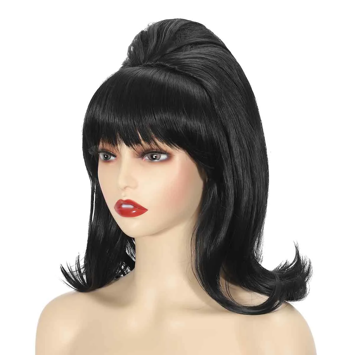 Womens Flip Wig 70s Pinup Pelucas 60s Retro Black Beehive Wig Vintage Wig with Bangs for Women Synthetic Hair for Halloween Costume Party