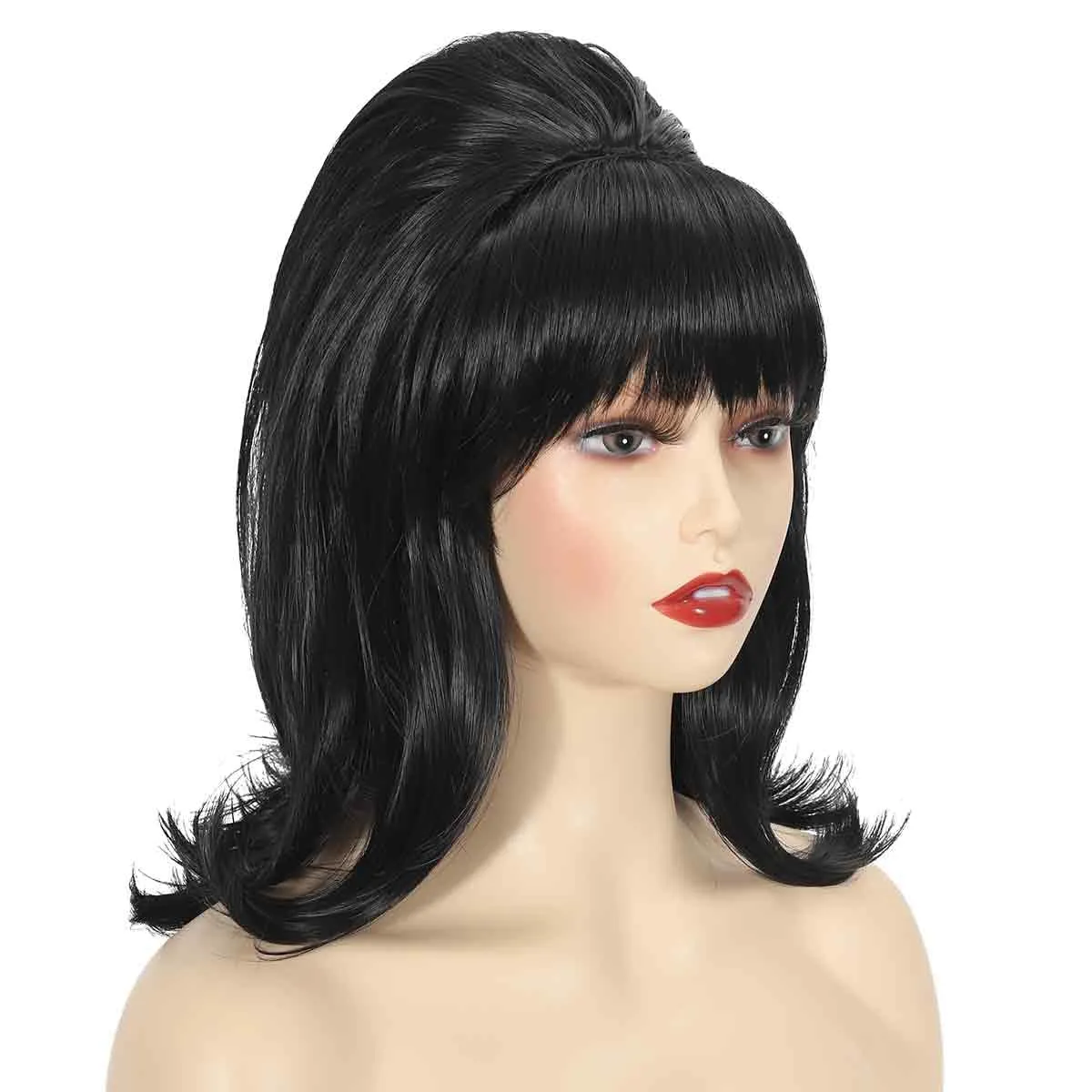 Womens Flip Wig 70s Pinup Pelucas 60s Retro Black Beehive Wig Vintage Wig with Bangs for Women Synthetic Hair for Halloween Costume Party