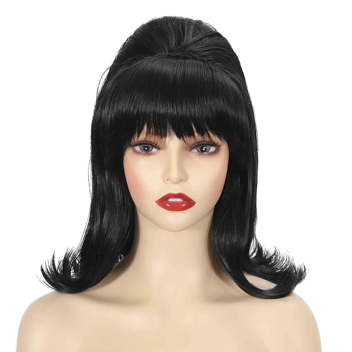 Womens Flip Wig 70s Pinup Pelucas 60s Retro Black Beehive Wig Vintage Wig with Bangs for Women Synthetic Hair for Halloween Costume Party