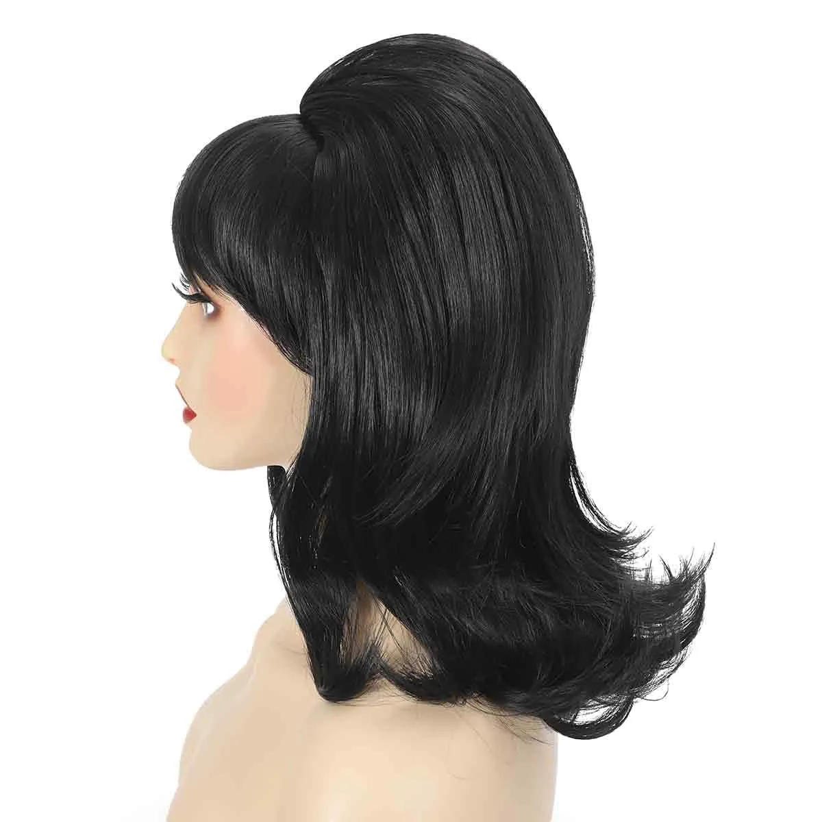 Womens Flip Wig 70s Pinup Pelucas 60s Retro Black Beehive Wig Vintage Wig with Bangs for Women Synthetic Hair for Halloween Costume Party