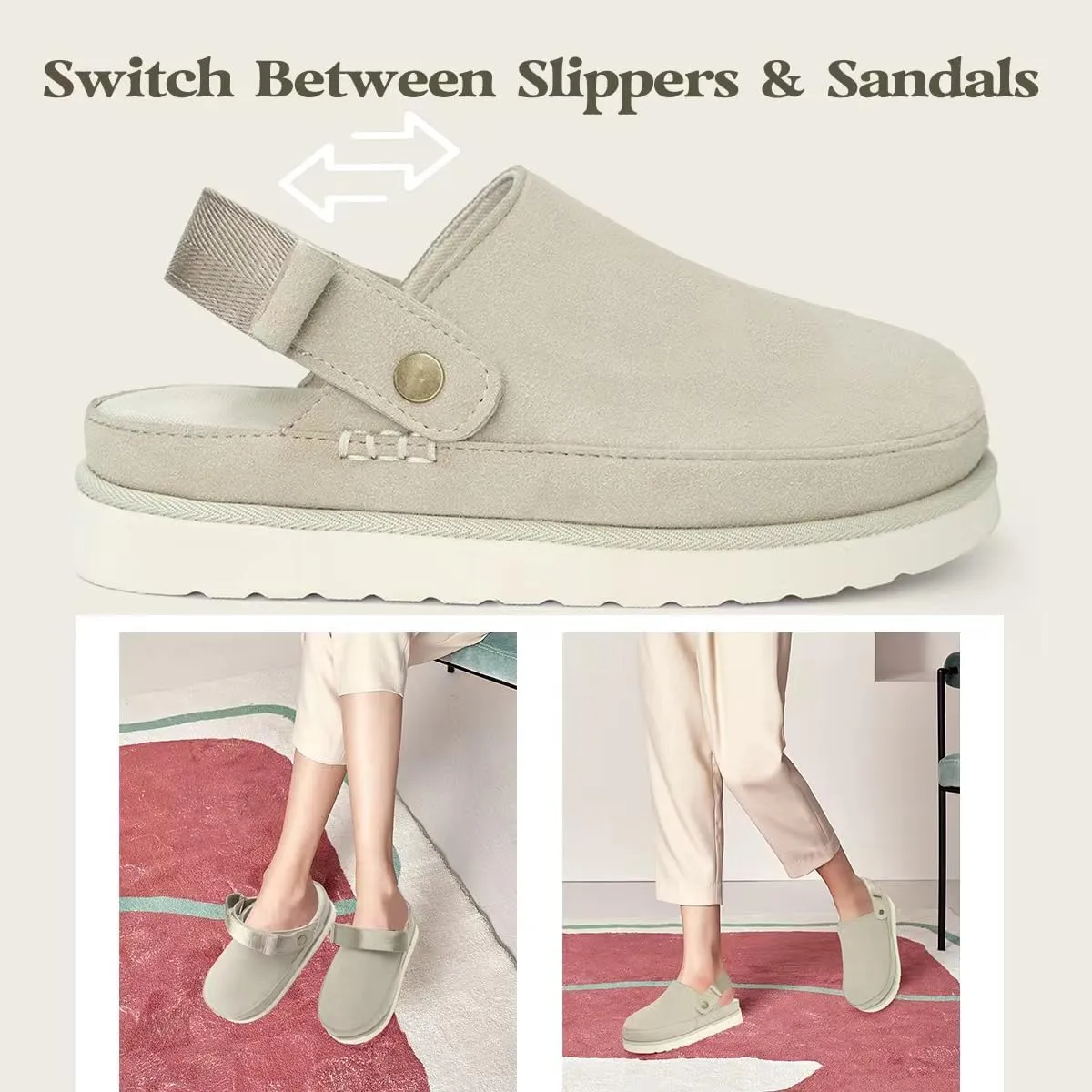 Women's Genuine Suede Platform Clogs with Adjustable Strap Comfy Memory Foam Arch Support Mules & Clogs Goldenstar Slippers for Women Indoor Outdoor