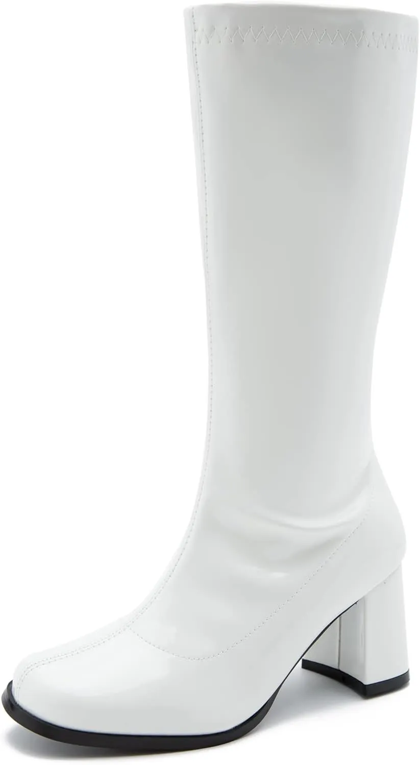 Women's Go-Go Boot Mid Calf Boots PU Leather Ladies Party Dance Shoes with Zipper Costume Boots