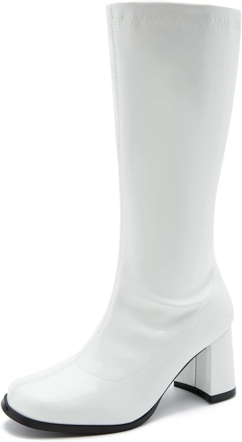 Women's Go-Go Boot Mid Calf Boots PU Leather Ladies Party Dance Shoes with Zipper Costume Boots