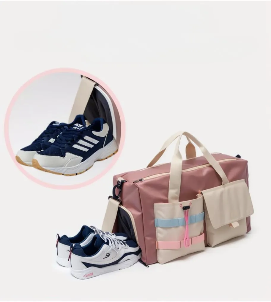 Women's Gym Bag with Shoe Compartment, Travel Bag for Women Overnight Bag Duffel,Small Yet Spacious. Holds well after workouts, great for toiletries. (khaki) (pink)