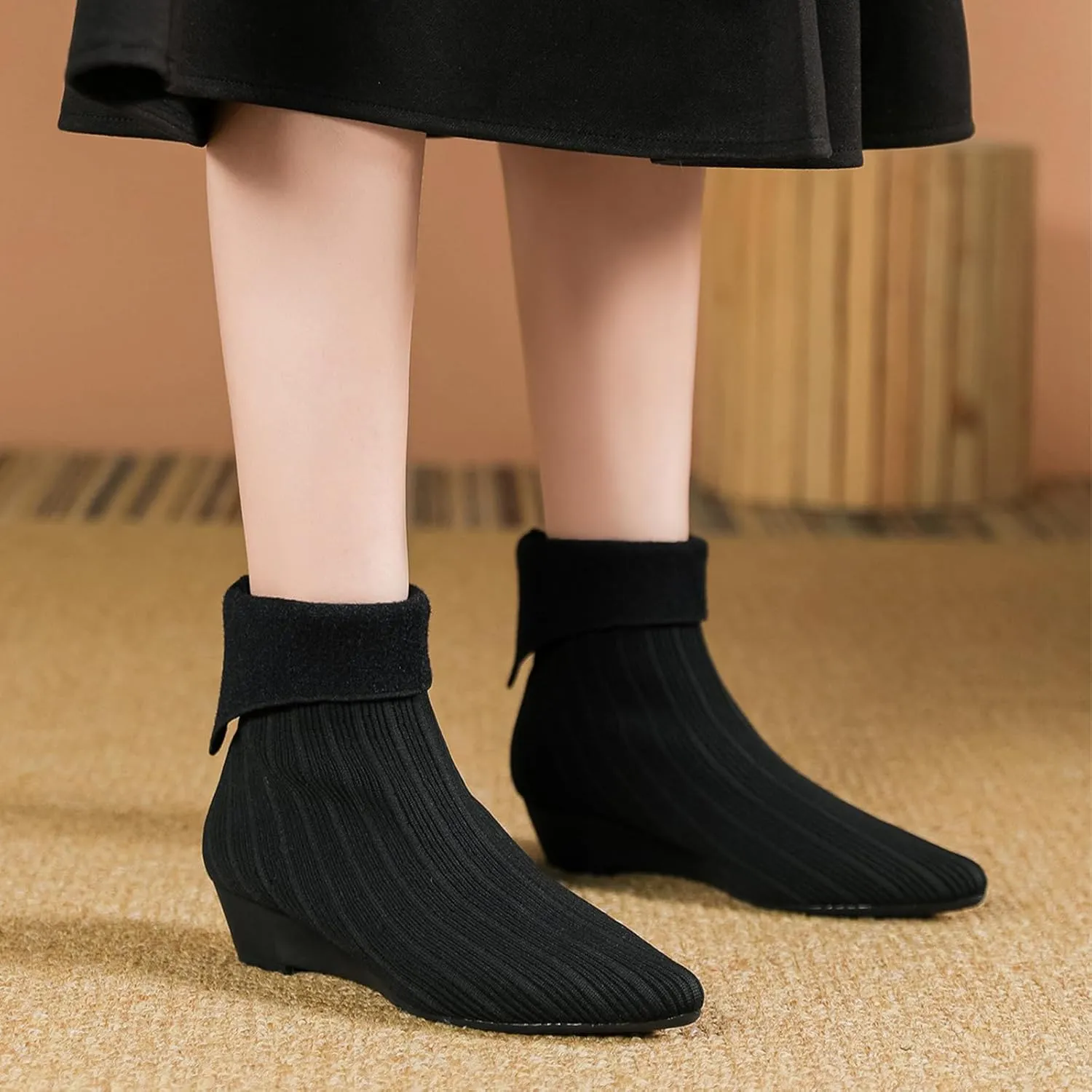 Women's Knitted Wedge Heel Sock Boots Comfortable Lightweight Breathable Low Chunky Heel Ankle Boots