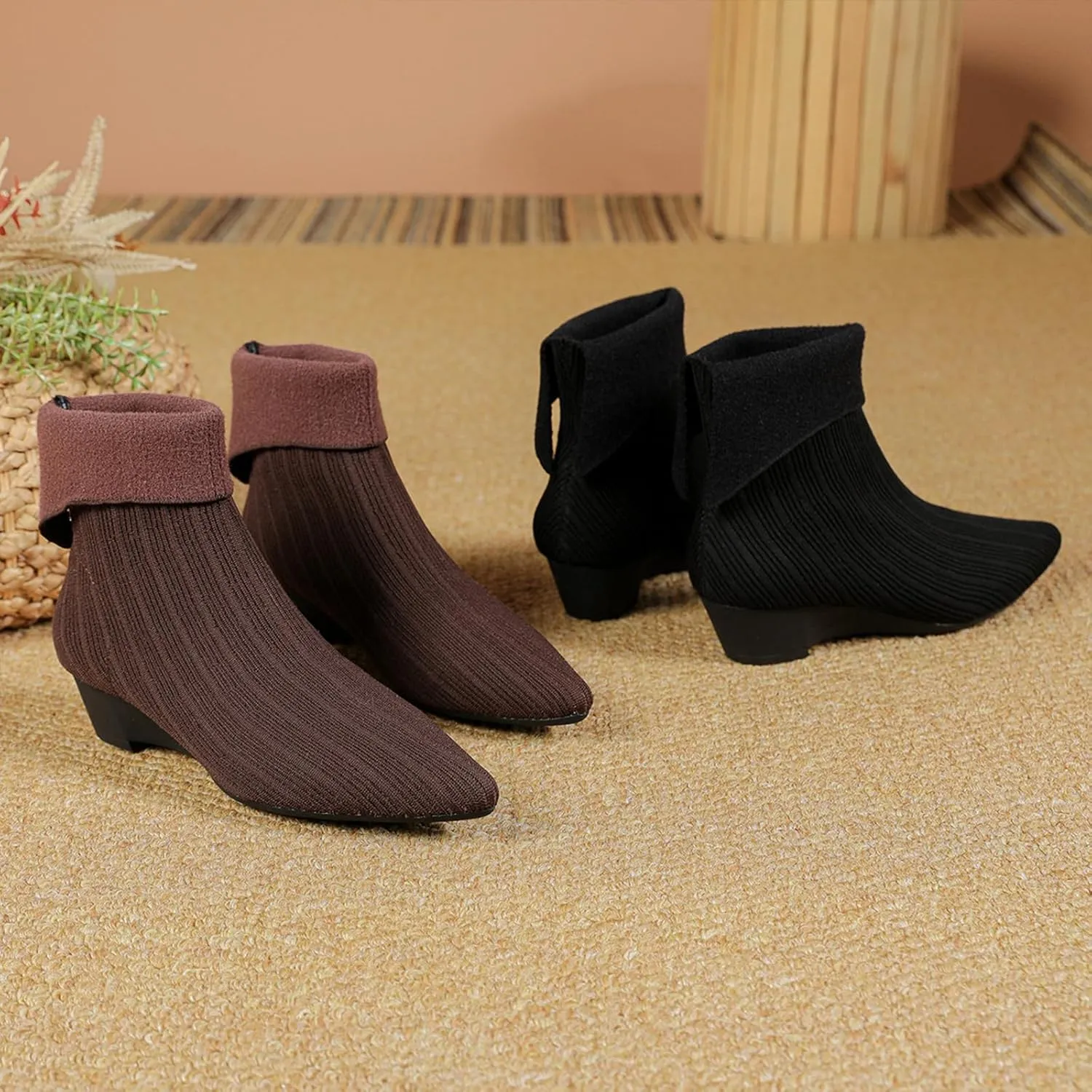Women's Knitted Wedge Heel Sock Boots Comfortable Lightweight Breathable Low Chunky Heel Ankle Boots