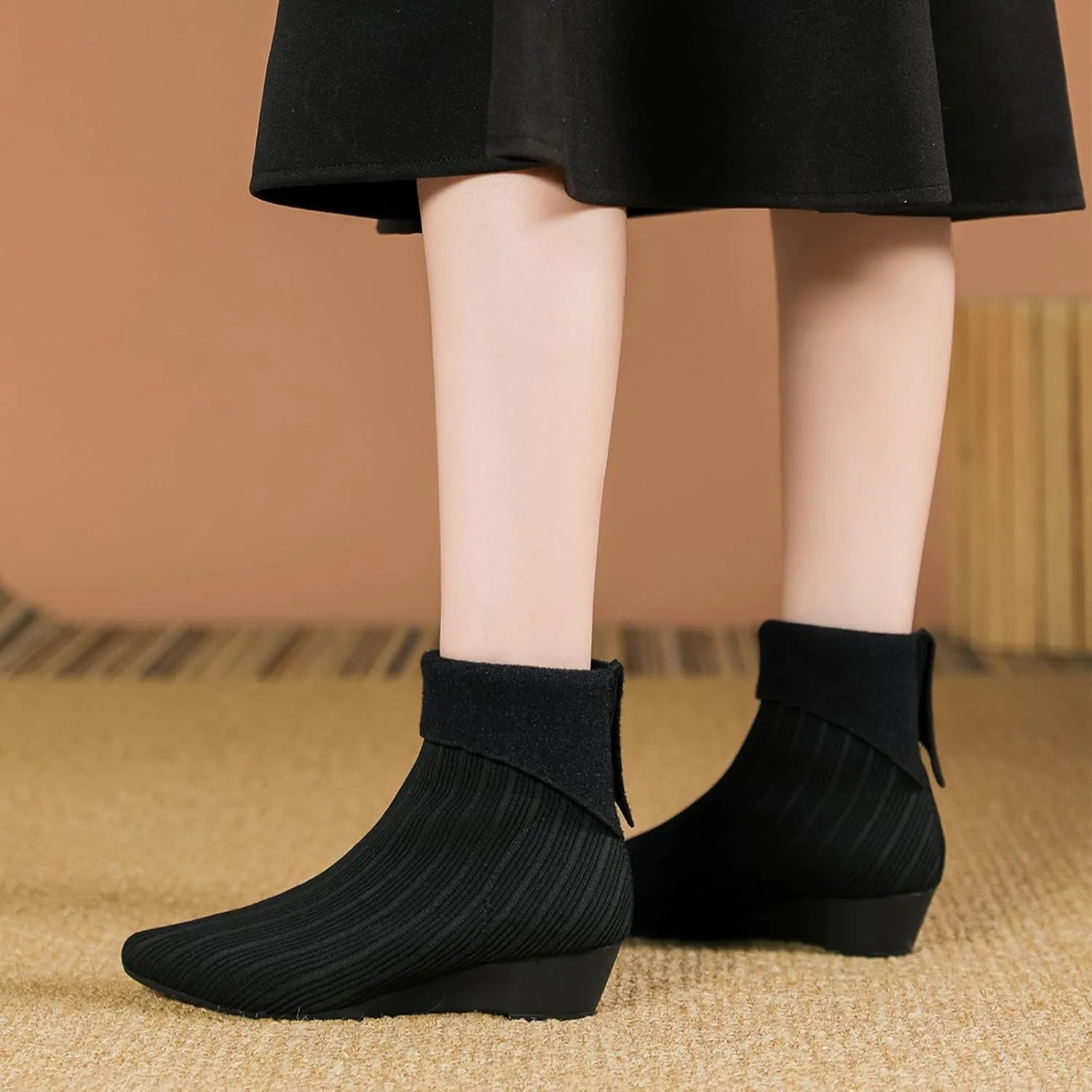 Women's Knitted Wedge Heel Sock Boots Comfortable Lightweight Breathable Low Chunky Heel Ankle Boots