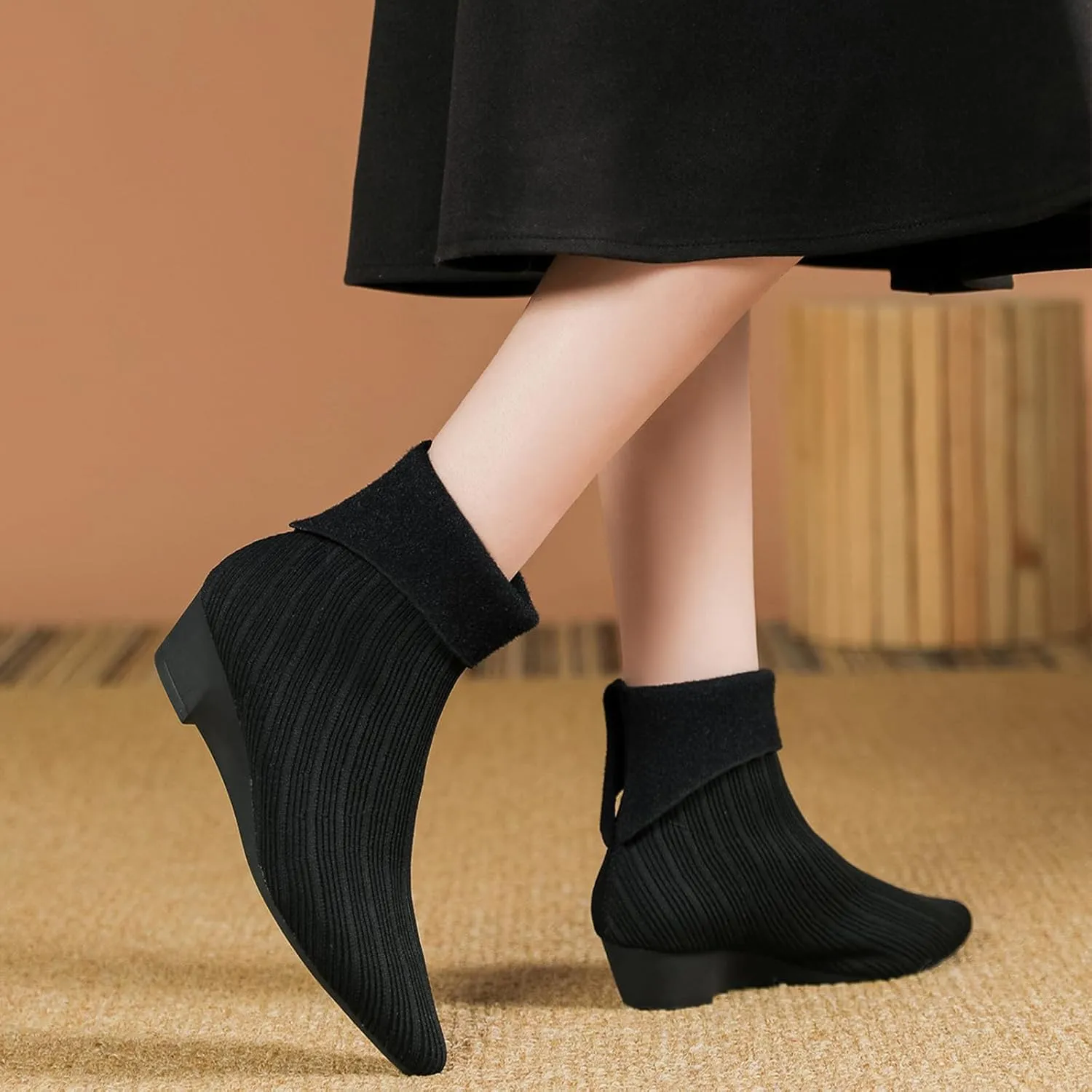 Women's Knitted Wedge Heel Sock Boots Comfortable Lightweight Breathable Low Chunky Heel Ankle Boots
