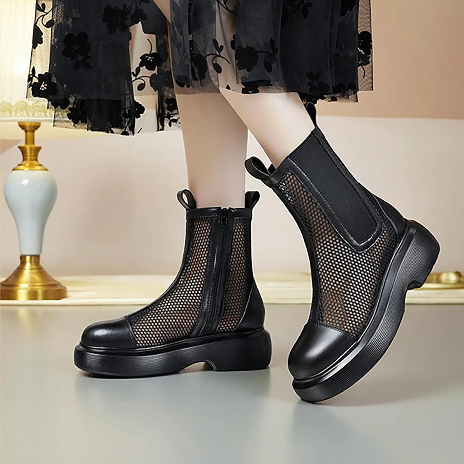 Women's Mesh Platform Chelsea Boots Summer Breathable Elastic Round Toe Side Zipper Ankle Booties Fashionable Mid Calf Sandals Boots