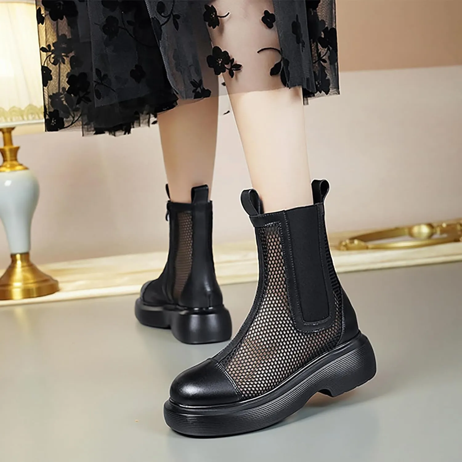Women's Mesh Platform Chelsea Boots Summer Breathable Elastic Round Toe Side Zipper Ankle Booties Fashionable Mid Calf Sandals Boots