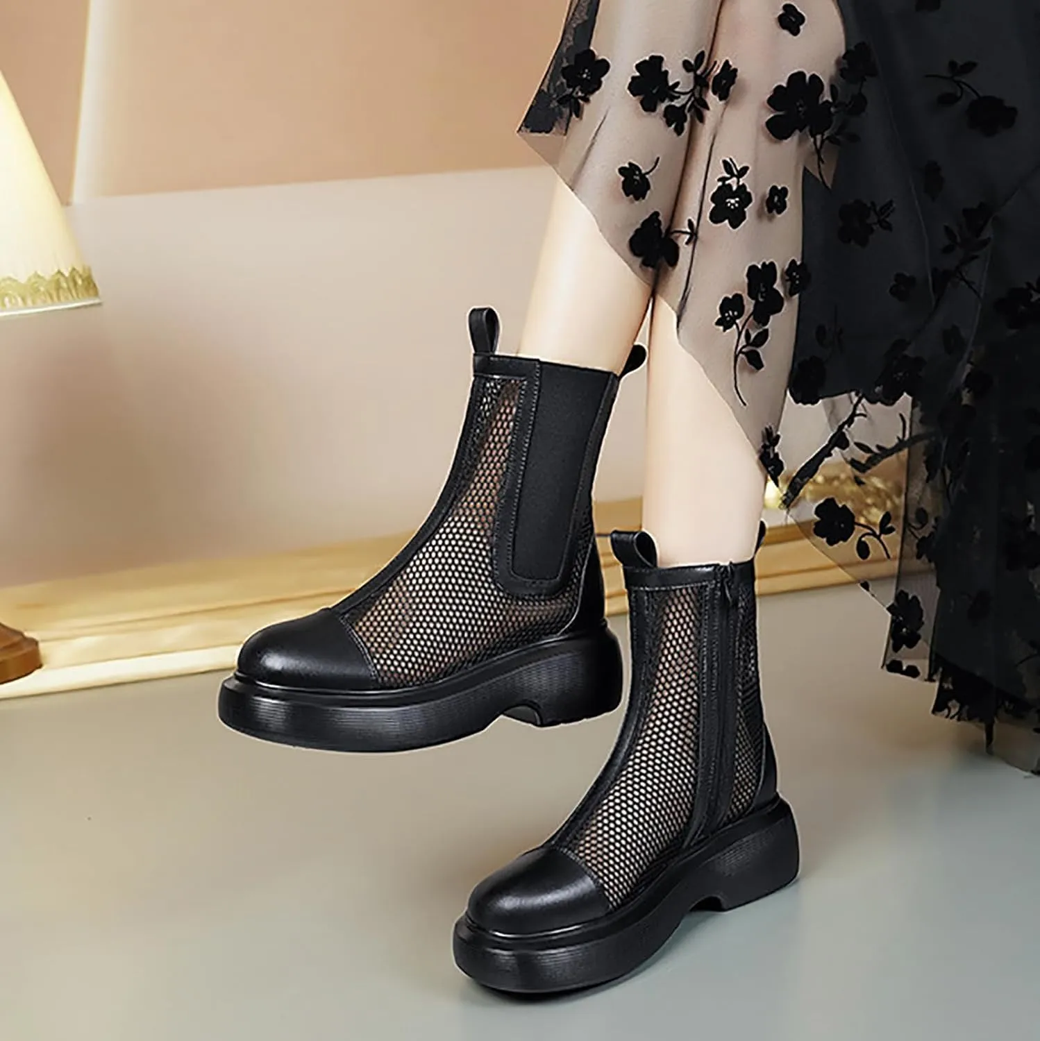Women's Mesh Platform Chelsea Boots Summer Breathable Elastic Round Toe Side Zipper Ankle Booties Fashionable Mid Calf Sandals Boots