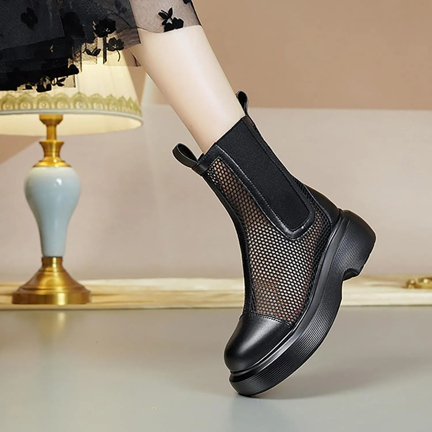 Women's Mesh Platform Chelsea Boots Summer Breathable Elastic Round Toe Side Zipper Ankle Booties Fashionable Mid Calf Sandals Boots