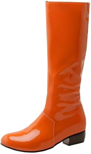Womens Patent Leather Zip Up Knee High Flat Mid Calf Boots