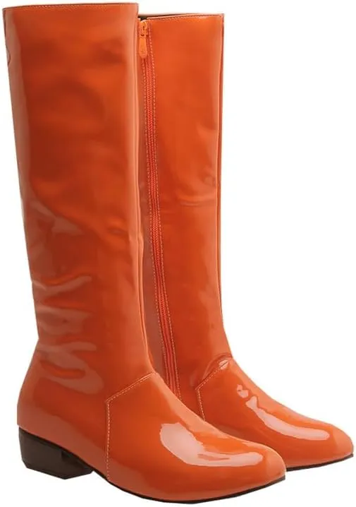 Womens Patent Leather Zip Up Knee High Flat Mid Calf Boots