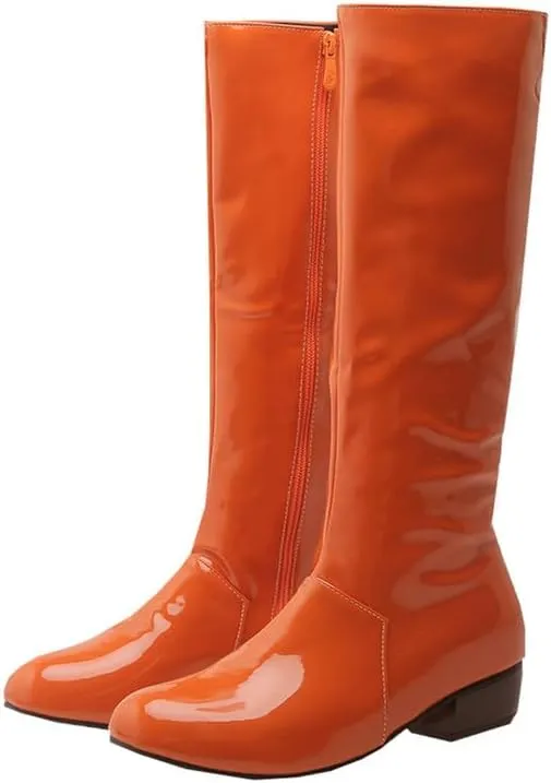 Womens Patent Leather Zip Up Knee High Flat Mid Calf Boots