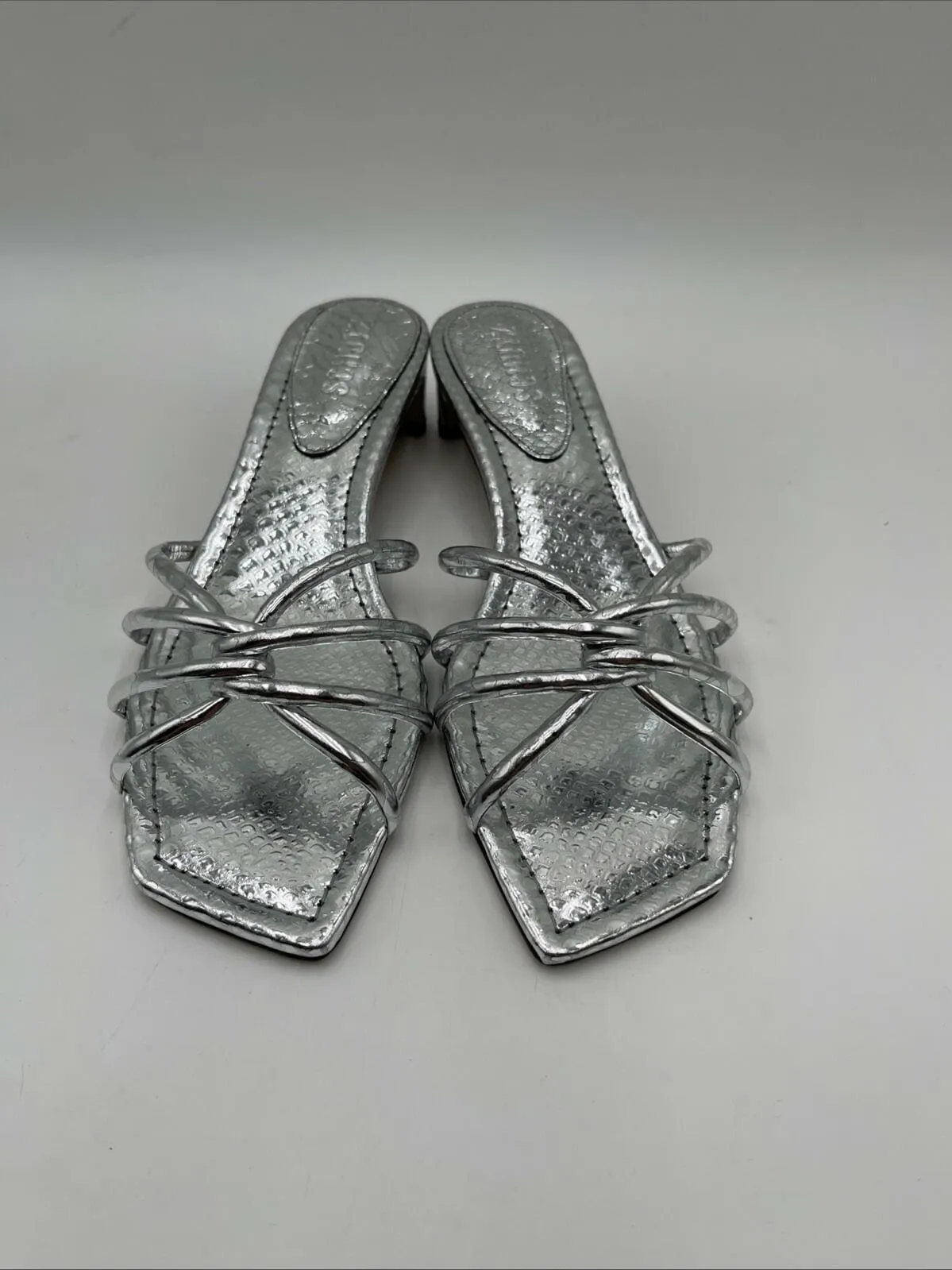 Women’s Schutz Rachel Mule Metallic Leather Sandals Silver Size 8.5M - Very Good