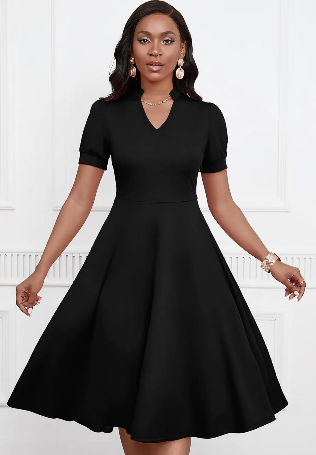 Womens Short Puff Sleeve V Neck Casual Semi-Formal Cocktail Party A-Line Dress