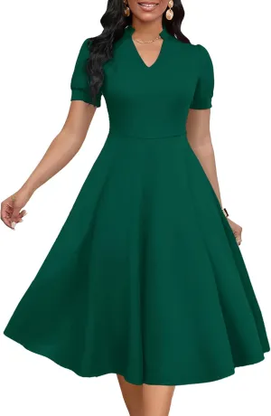 Womens Short Puff Sleeve V Neck Casual Semi-Formal Cocktail Party A-Line Dress