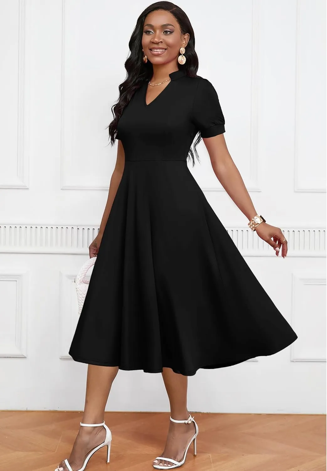 Womens Short Puff Sleeve V Neck Casual Semi-Formal Cocktail Party A-Line Dress