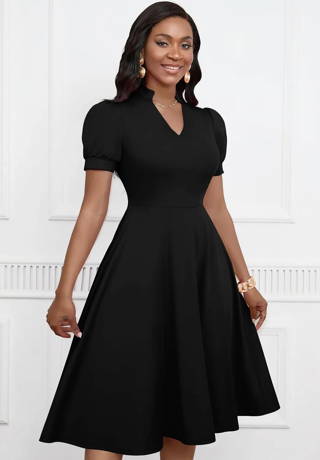 Womens Short Puff Sleeve V Neck Casual Semi-Formal Cocktail Party A-Line Dress