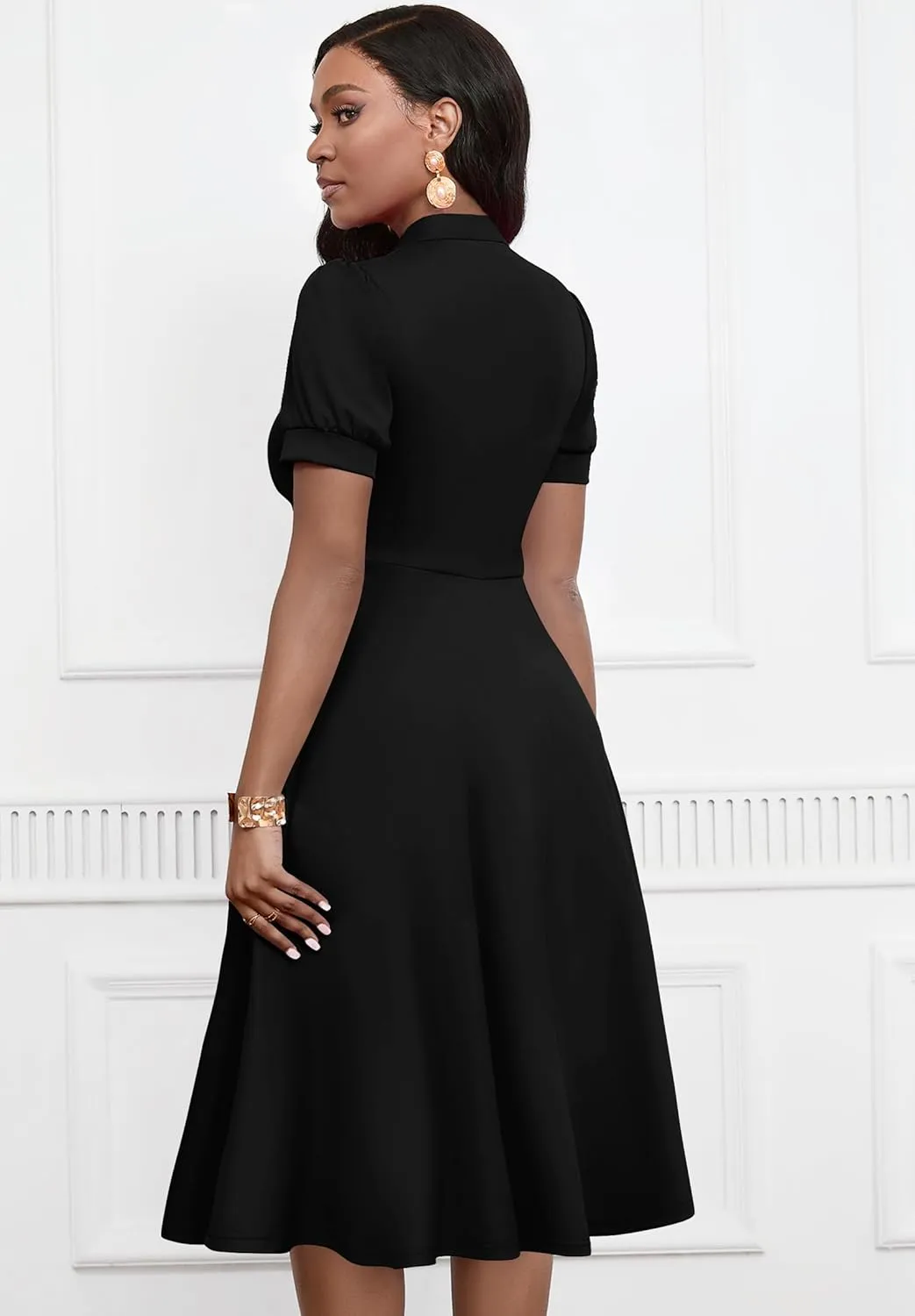 Womens Short Puff Sleeve V Neck Casual Semi-Formal Cocktail Party A-Line Dress