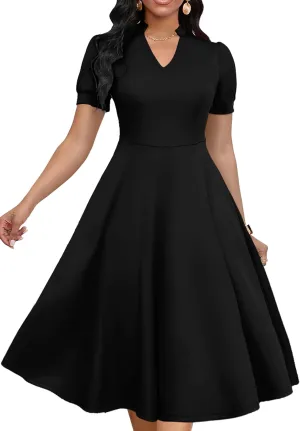 Womens Short Puff Sleeve V Neck Casual Semi-Formal Cocktail Party A-Line Dress