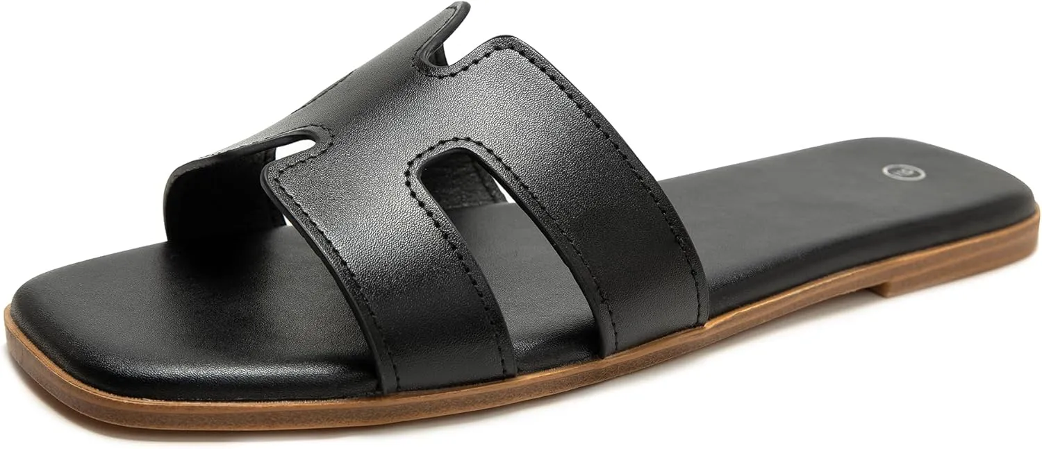 Women's Slide Sandals Comfortable Flat Slip On Leather Sandals