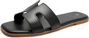 Women's Slide Sandals Comfortable Flat Slip On Leather Sandals