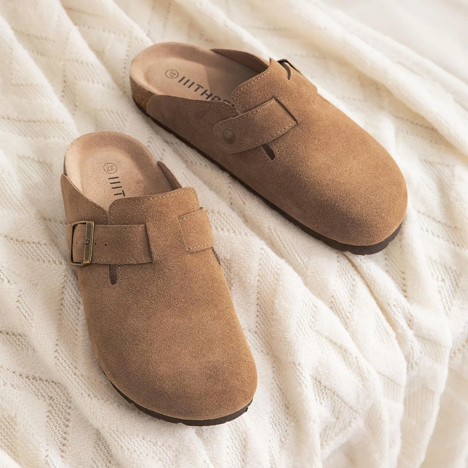 Women's Suede Clogs Cork Footbed Clogs for Women Soft Leather Adjustable Buckle Slip-on Potato Shoes Sandals