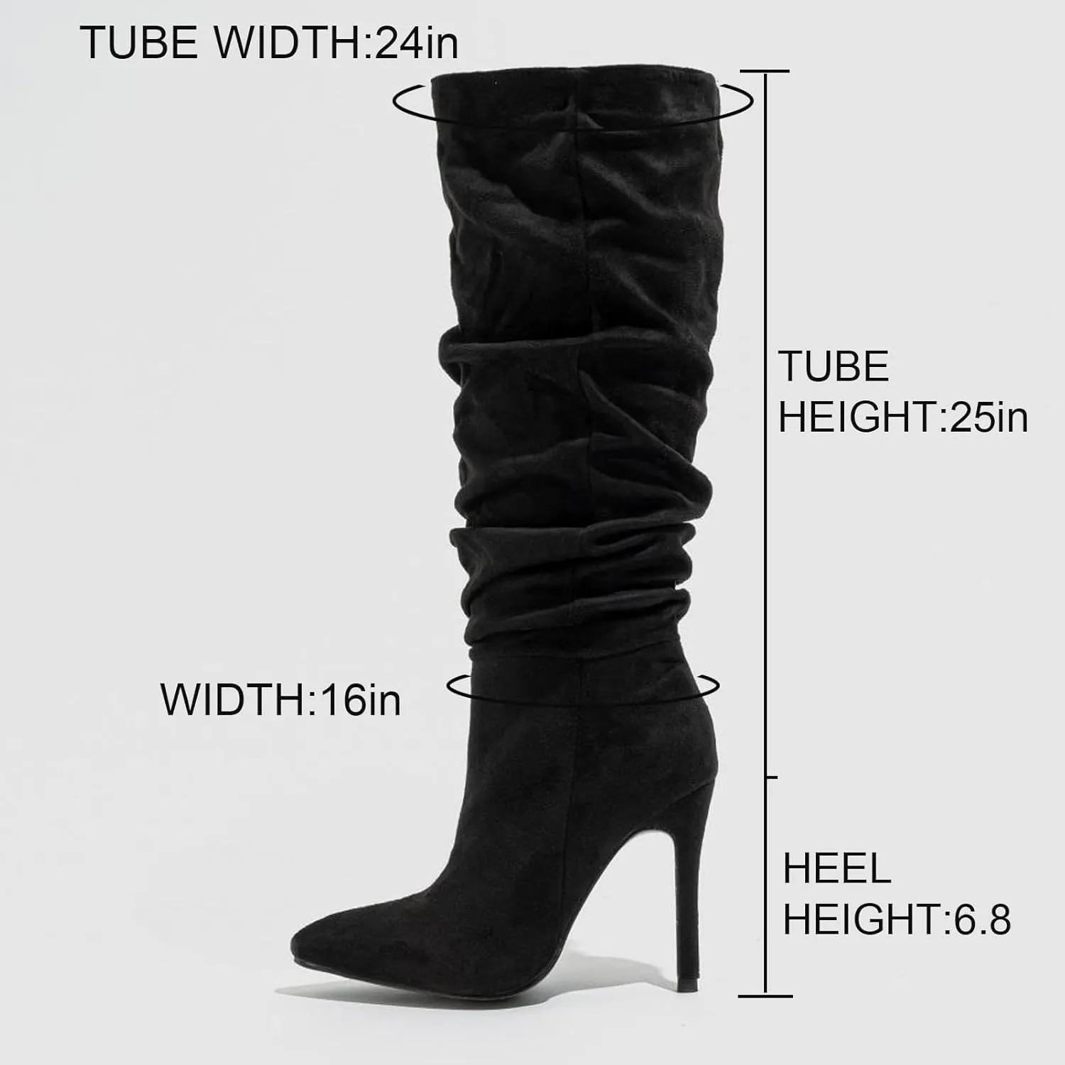 Women'S Suede Pointed Stiletto Knee High Boots Fashion Slouchy Wrinkles Slip-On High Heels Tall Boot Sexy Dance Party Dress Boots