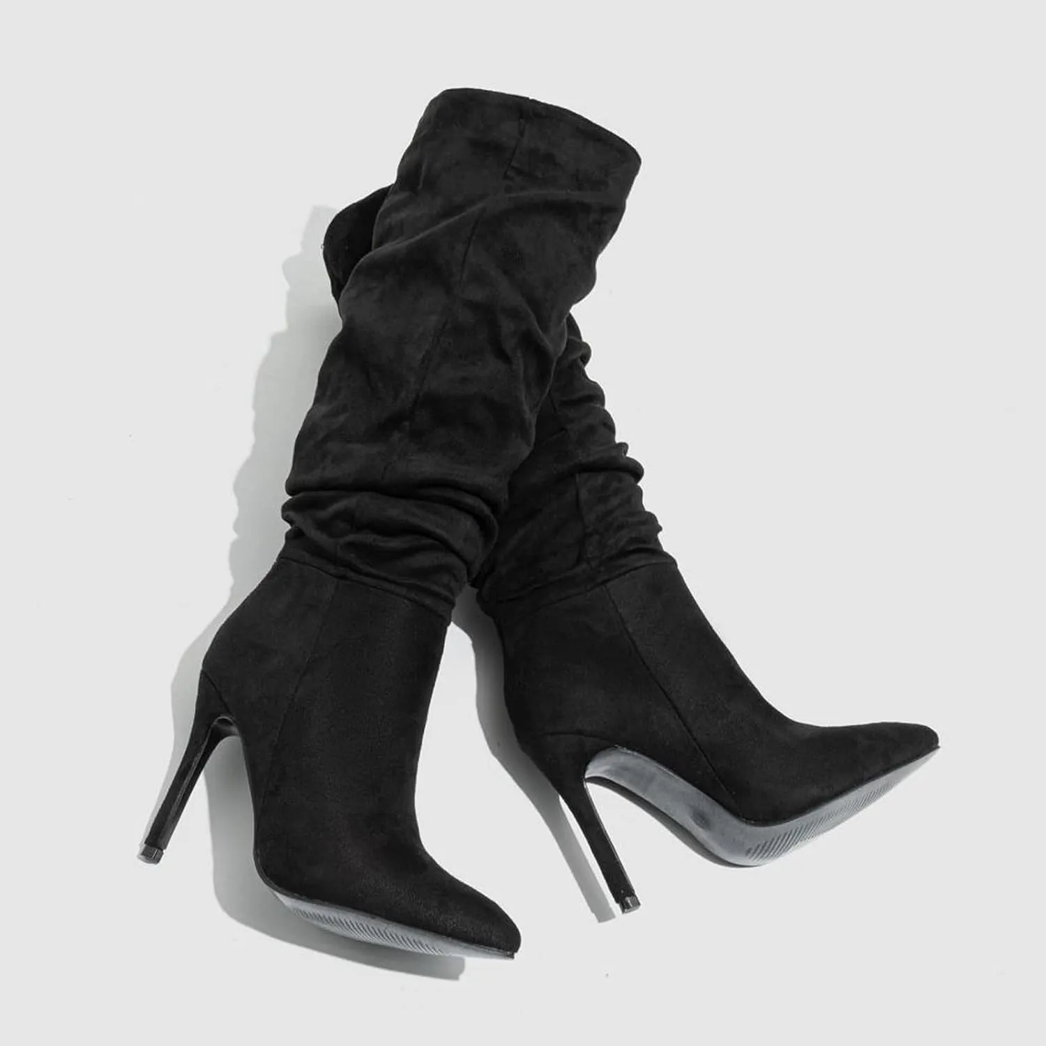 Women'S Suede Pointed Stiletto Knee High Boots Fashion Slouchy Wrinkles Slip-On High Heels Tall Boot Sexy Dance Party Dress Boots