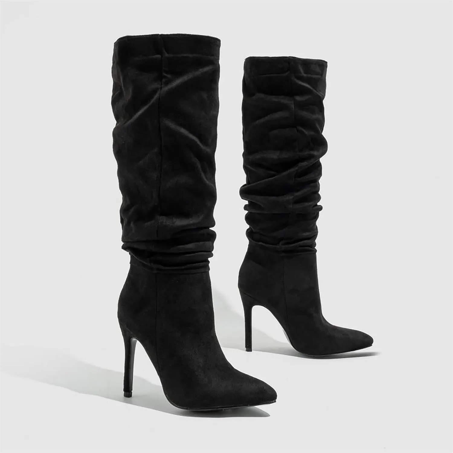 Women'S Suede Pointed Stiletto Knee High Boots Fashion Slouchy Wrinkles Slip-On High Heels Tall Boot Sexy Dance Party Dress Boots