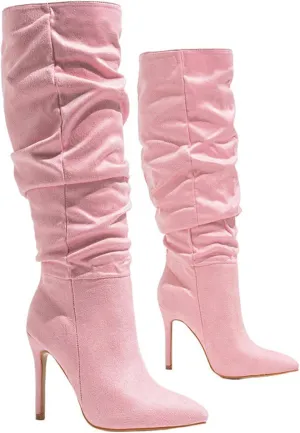 Women'S Suede Pointed Stiletto Knee High Boots Fashion Slouchy Wrinkles Slip-On High Heels Tall Boot Sexy Dance Party Dress Boots