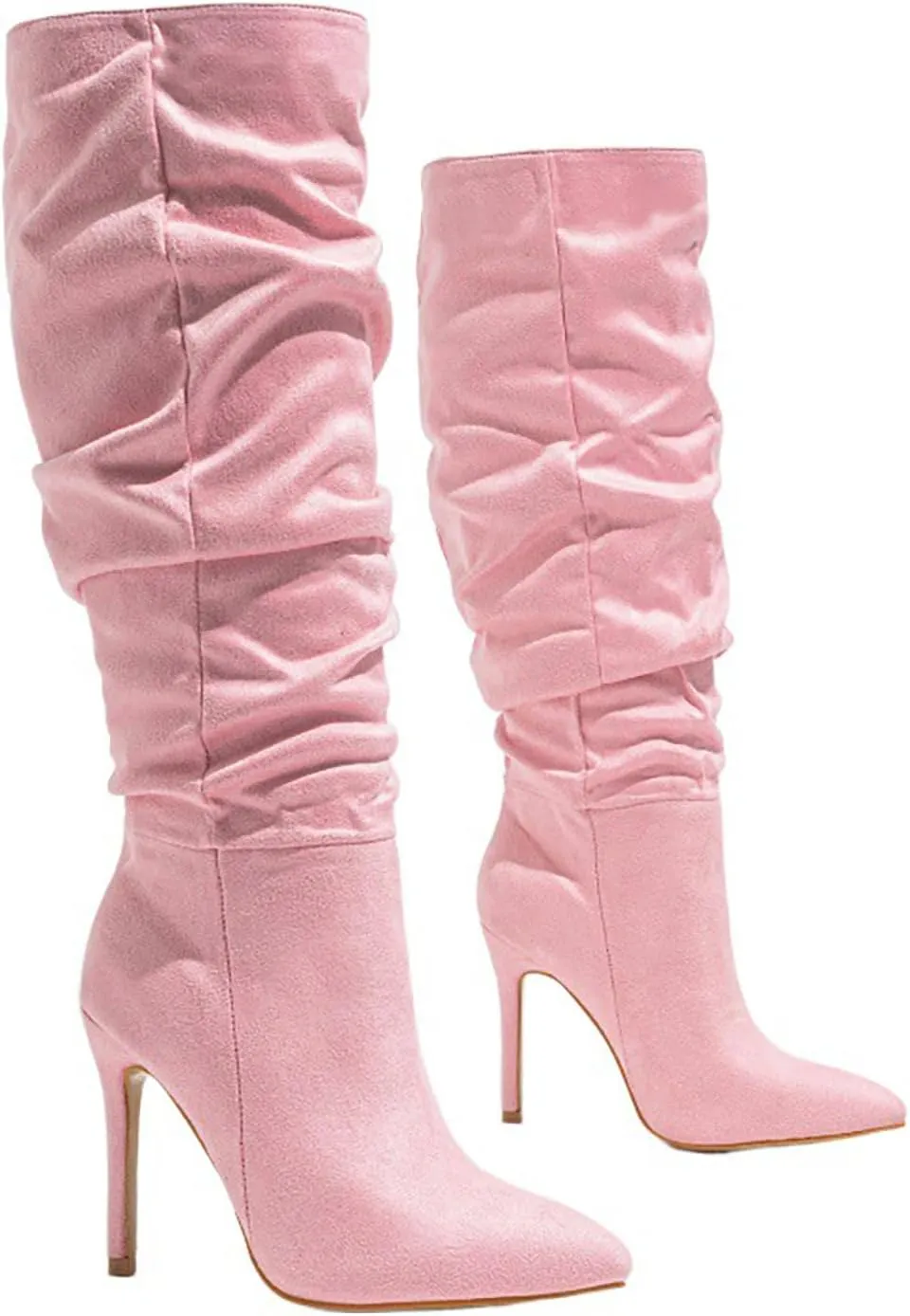 Women'S Suede Pointed Stiletto Knee High Boots Fashion Slouchy Wrinkles Slip-On High Heels Tall Boot Sexy Dance Party Dress Boots