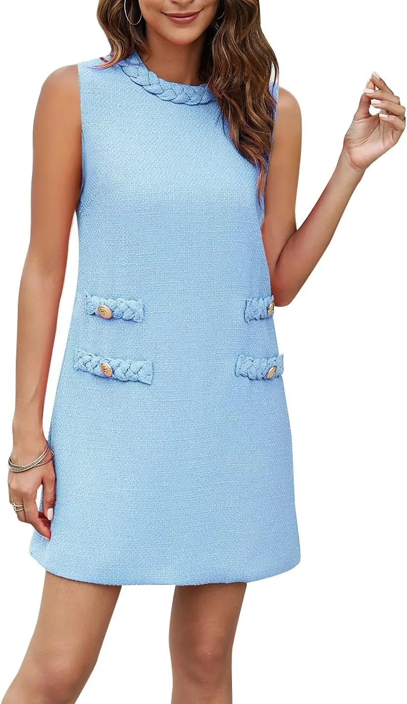 Womens Tweed Dress Summer Sleeveless Classic Elegant A Line Shift Mini Jackie O Dress for Work Casual