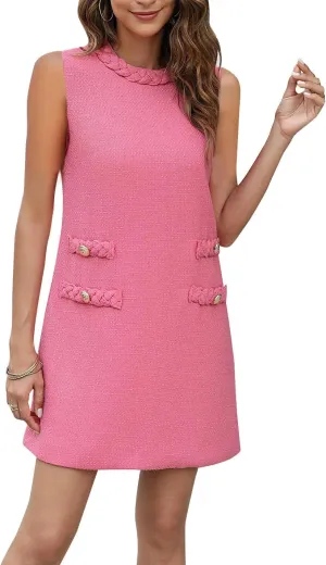 Womens Tweed Dress Summer Sleeveless Classic Elegant A Line Shift Mini Jackie O Dress for Work Casual