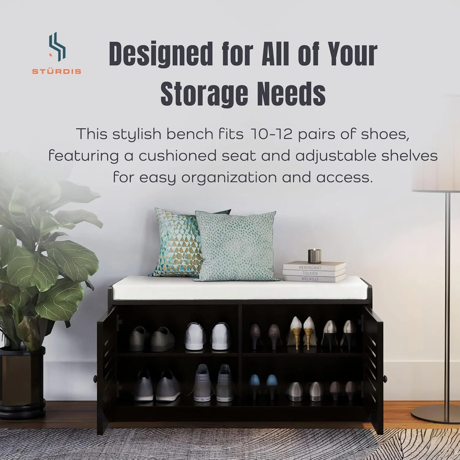 Wooden Shoe Storage Bench Organizer Cushioned Furniture with Adjustable Shelves for Entryways, Living Rooms, or Bedrooms, Espresso
