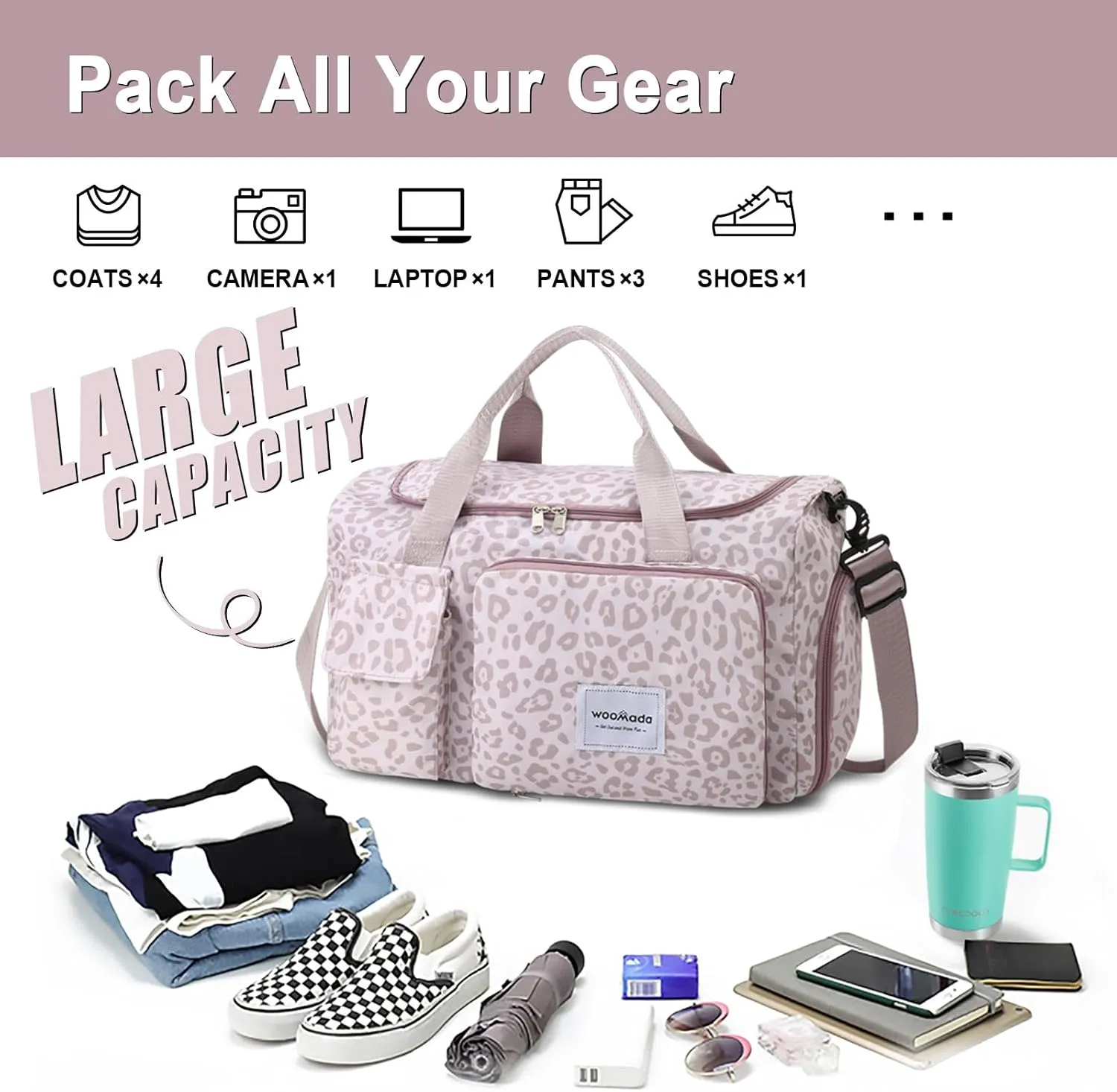 WOOMADA Foldable Travel Duffel Bag with Shoes Compartment, Overnight Bag with Wet Pocket, Weekender Carry On with cosmetic bag for Women（pink leopard）