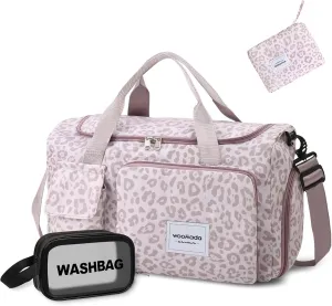 WOOMADA Foldable Travel Duffel Bag with Shoes Compartment, Overnight Bag with Wet Pocket, Weekender Carry On with cosmetic bag for Women（pink leopard）