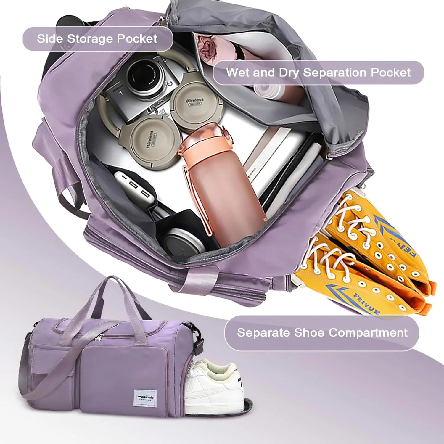 WOOMADA Foldable Travel Duffel Bag with Shoes Compartment, Overnight Bag with Wet Pocket, Weekender Carry On with cosmetic bag for Women（pink leopard）