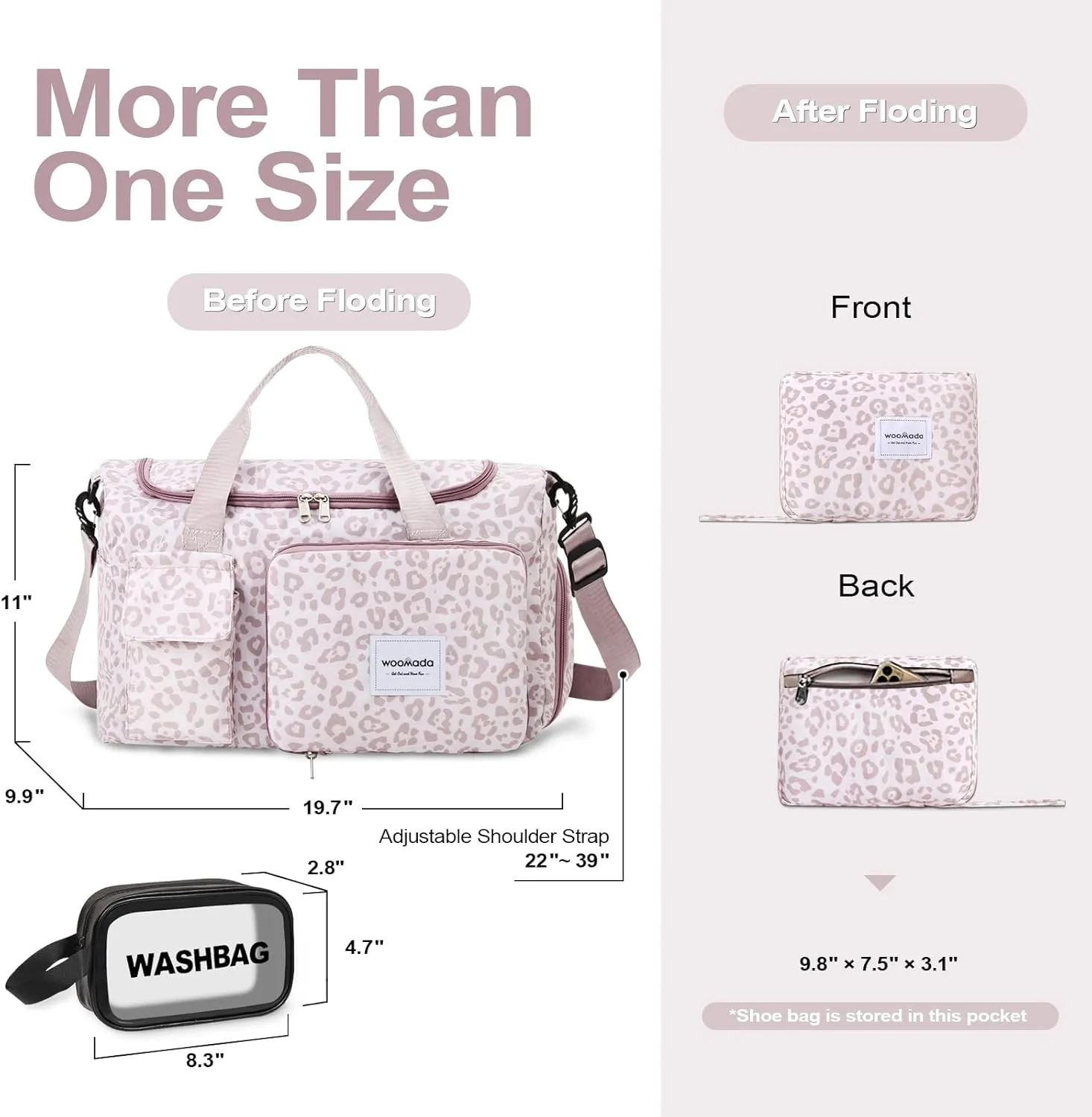 WOOMADA Foldable Travel Duffel Bag with Shoes Compartment, Overnight Bag with Wet Pocket, Weekender Carry On with cosmetic bag for Women（pink leopard）